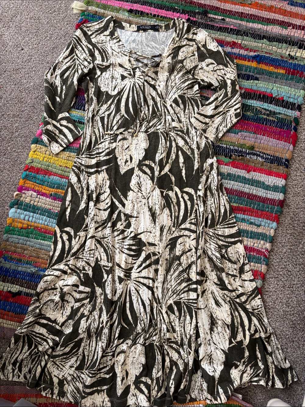 Women’s Ralph Lauren Olive Green and Cream Tropical Print Dress
